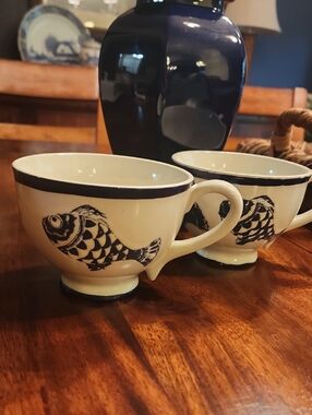 Blue Sky Ceramic Under The Sea Set Of Two Blue And White Fish Design Large Cup